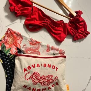 Agua Bendita Swimwear Bikini Set Red Puff Sleeve Top and Bottom Size M